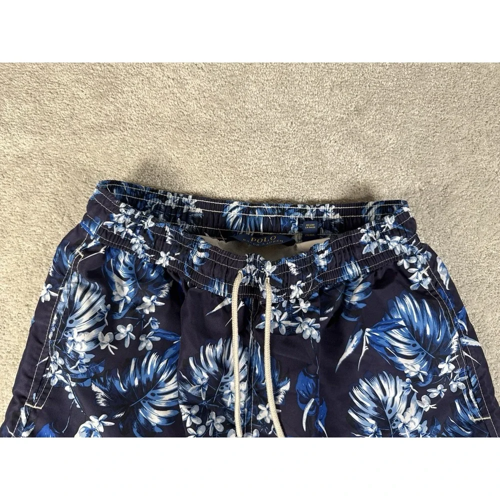Vtg POLO RALPH LAUREN Swim Shorts Trunks Mens S Blue Hawaiian Floral Aloha‎ Pony